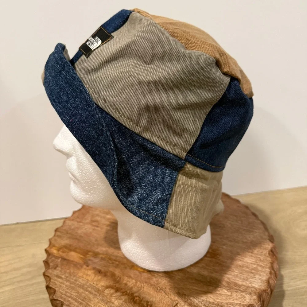 The North Face Bucket Hat Unisex OS Blue Tan Patchwork Denim Canvas Upcycled - Picture 2 of 6